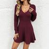 Abito Maglione da Donna Scollo a V Lavorazione a Treccia Manica Lunga Vita Elastica Orlo Svasato Maglieria Casual