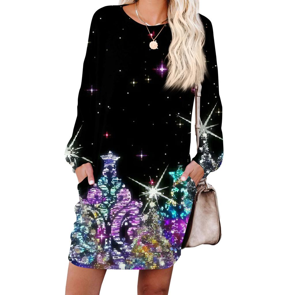 Damska modna sukienka z długim rękawem, z okrągłym dekoltem i kieszenią, w nadruk płatków śniegu