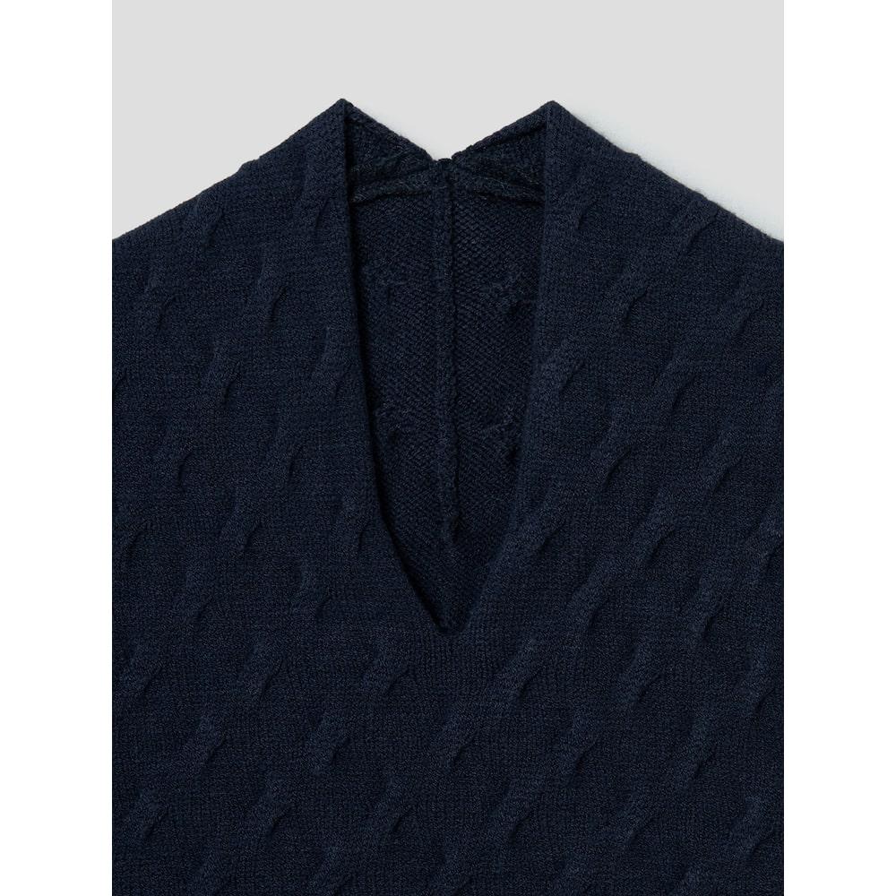 Anggae Cable Slit Neck Shortsleeve Pullover Navy