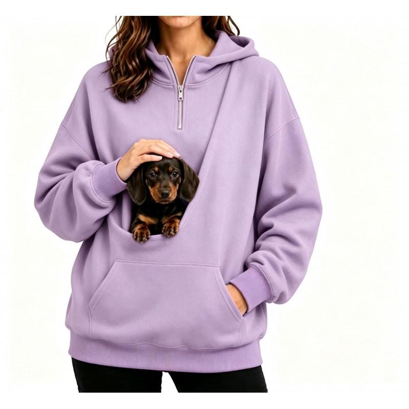 Womens Half-Zip Hooded Sweatshirt With Pet Pocket Loose Fit Fall Winter Top Small Dogs