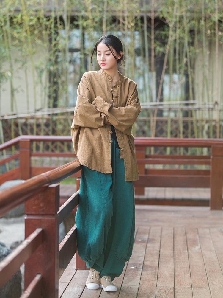 Dambyxor i Zen-stil av ramie, sandtvättade, med vida ben - Vår/Sommar, Casual, Hem- och Resplagg