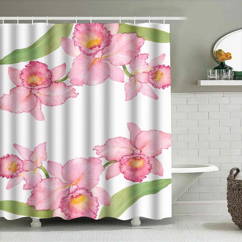 Delicate Floral Shower Curtain Pink Orchid Bathroom Decor for Home Bath Room Waterproof Shower Curtains with Grommets White Back