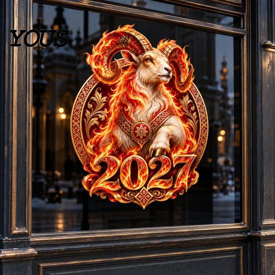 Decorative Glass Stickers 2027 New Year Flame Goat Static Sticker, PVC Ram Window Cling for Home and Store Decoration, Clings Russian Red