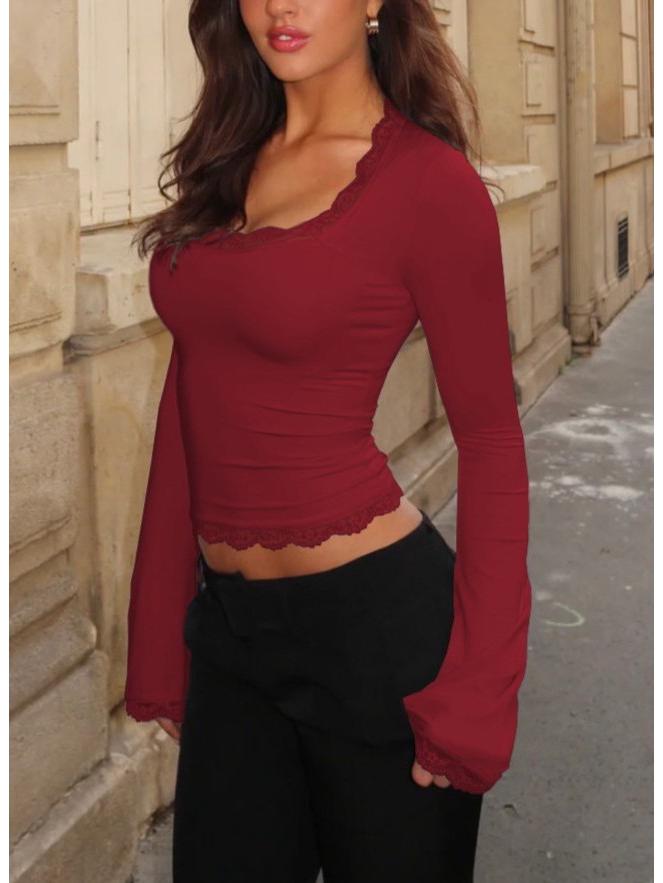 2025 Podzim/Zima Sexy Žebrovaný Top s Dlouhým Rukávem a Krajkovou Lemovkou s U Výstřihem