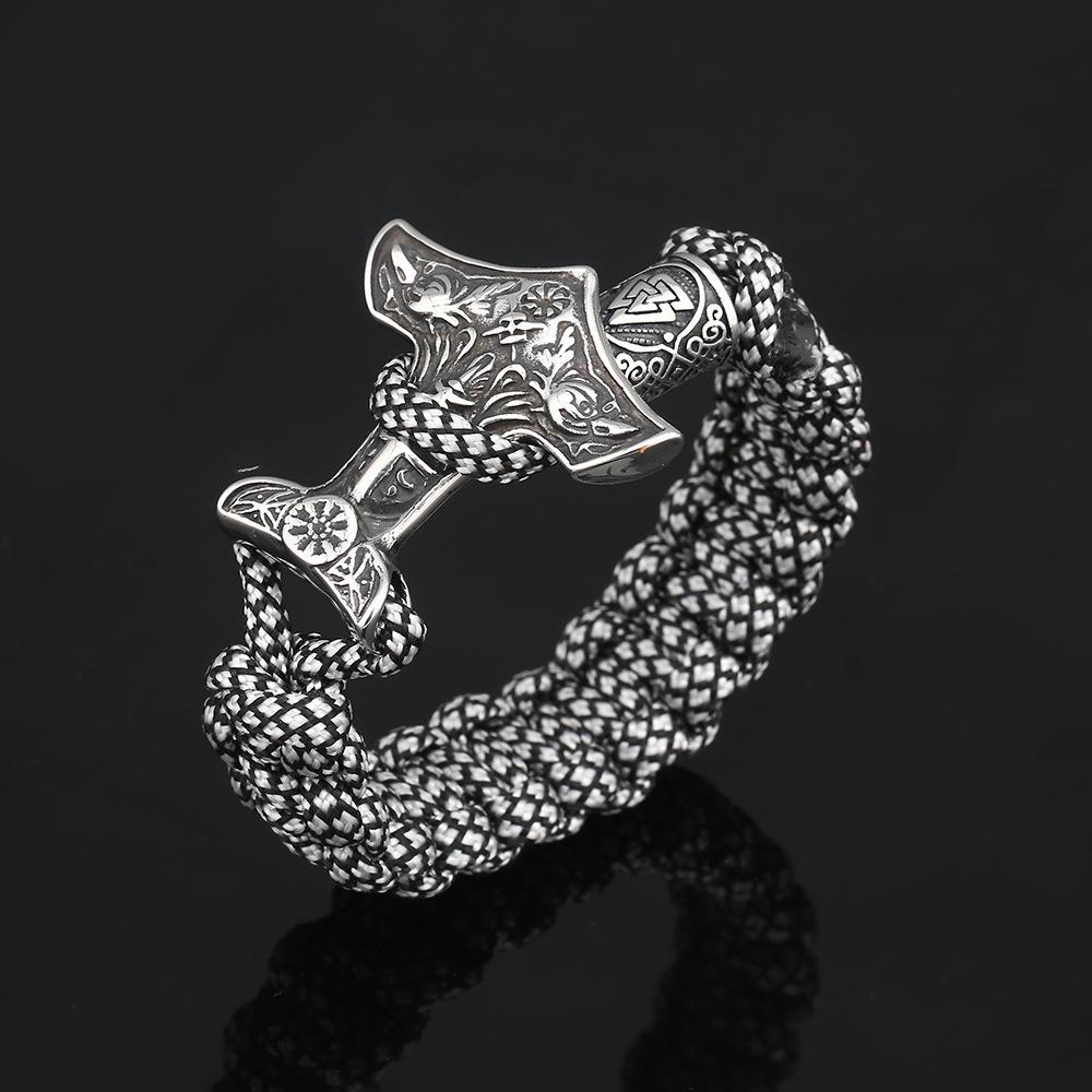 Pulsera Paracord Nórdica Vikinga de Acero Inoxidable Martillo de Thor Cuervo