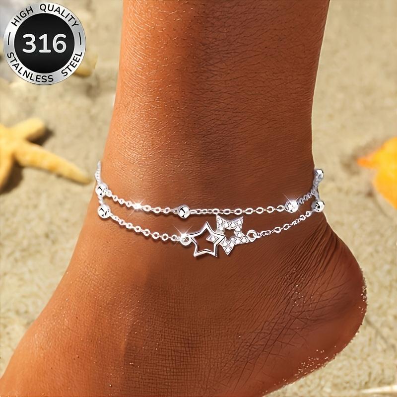 Bohemian-style double-layer leg bracelet with star-shaped pendant and synthetic zircon inlay, layered ankle jewelry suitable for daily wear