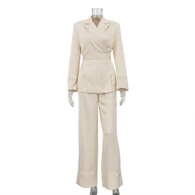 

Модный стиль Модный костюм с атласным ремешком Верхняя одежда Костюм со свободными брюками V-образный топ и брюки Apricot color L