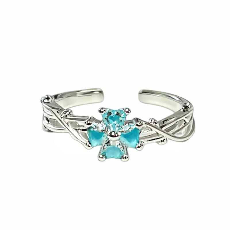 Summer New Glacier‑Blue Gradient Butterfly Flower Light‑Luxury Temperament Open Ring Niche Unique Design Adjustable Index Finger Trend Jewelry