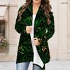 Women Plus Size Long Sleeve Open Front Draped Collar Curved Hem Printed Cardigan Green White Gold
