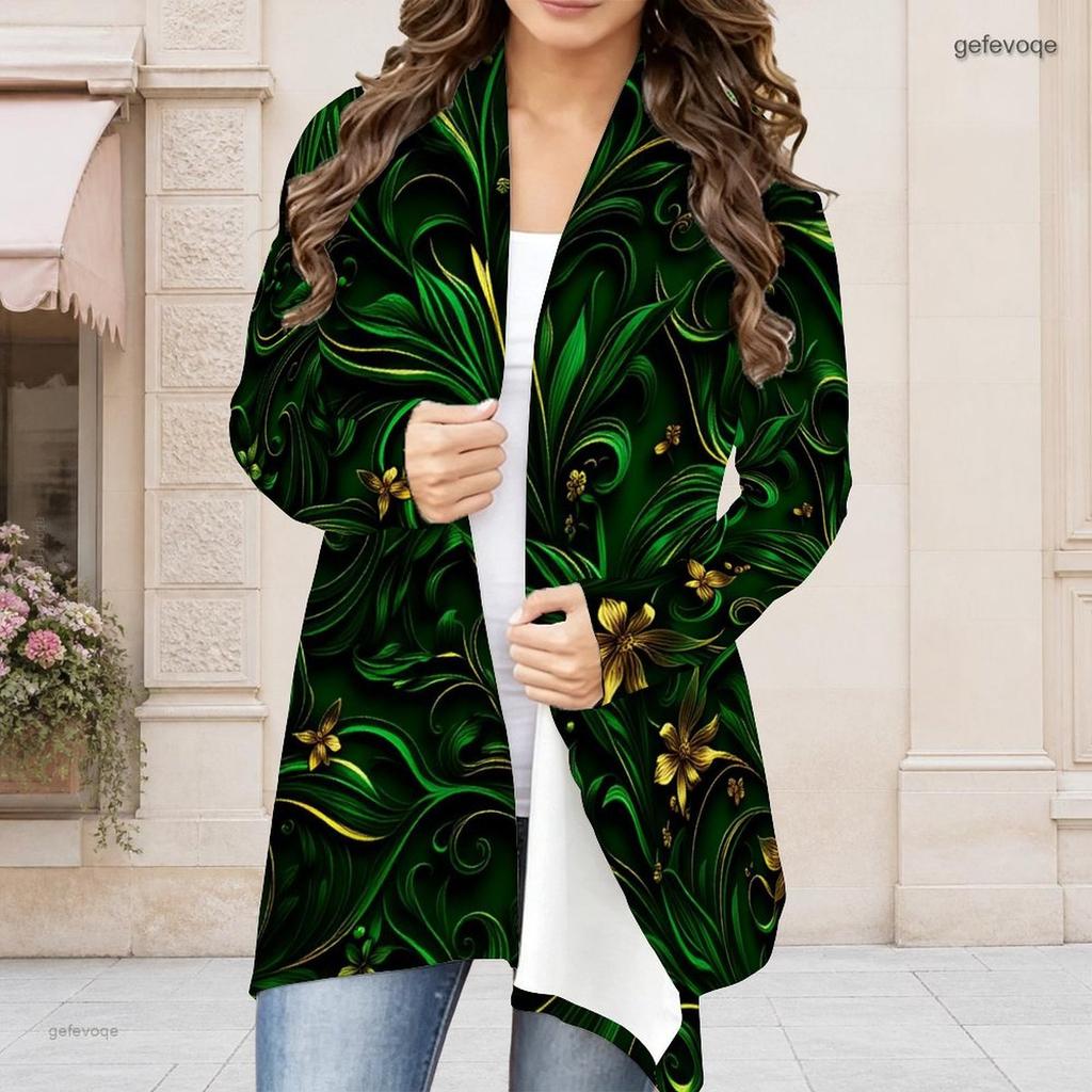Women Plus Size Long Sleeve Open Front Draped Collar Curved Hem Printed Cardigan Green White Gold