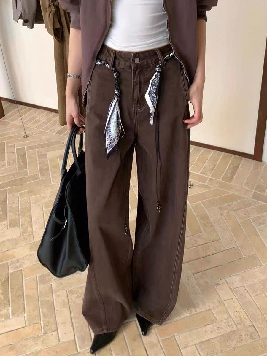 

Джинсы Su Machi с высокой талией и широкими штанинами, стройнящие - 2025 осенние повседневные джинсовые брюки свободного кроя для женщин L (60-65 kg)