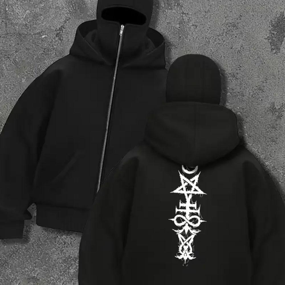 Men's Black Zipper Hooded Sweatshirt with Spider Personalized Print, Fashionable and Trendy Full Zipper Sweatshirt Jacket, Double Hat Design