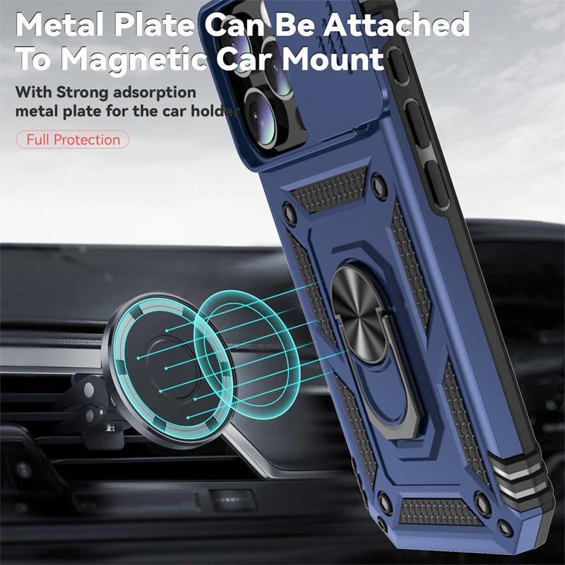Slide Camera Armor Case For iPhone 16 15 14 13 12 11 Pro Max Mini XS XR X 7 8 Plus Cover Lens Protection Ring Stand Holder Funda