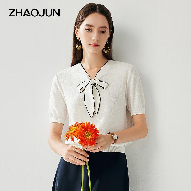 Zhaojun Women s Mulberry Silk Blend V-Neck Short Sleeve T-shirt with Ribbon L