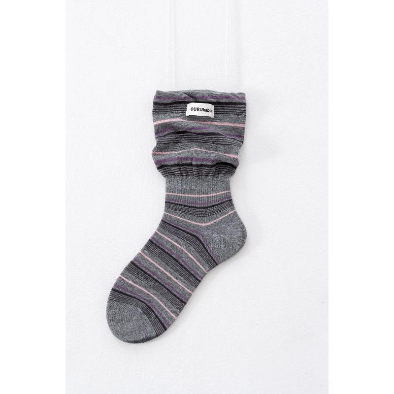 

Women s Autumn and Winter Color Striped Cloth Logo Flared False Two Pieces of Cylinder Stack Socks 1 pair розовый/серый
