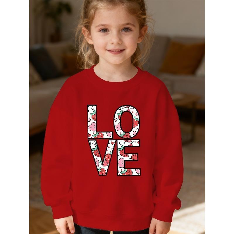 Kids Unisex Crewneck Sweatshirt, Strawberry Heart LOVE Letter Print Long Sleeve Pullover, Soft Fleece Kids Sweatshirt For Boys Girls Over 4 Years Old
