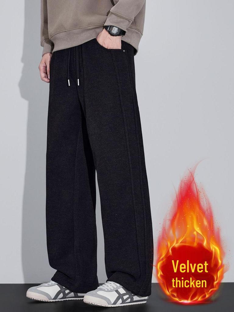 Men's Trendy Loose-Fit Velvet-Lined Sweatpants - Autumn/Winter Straight-Leg Dad Style
