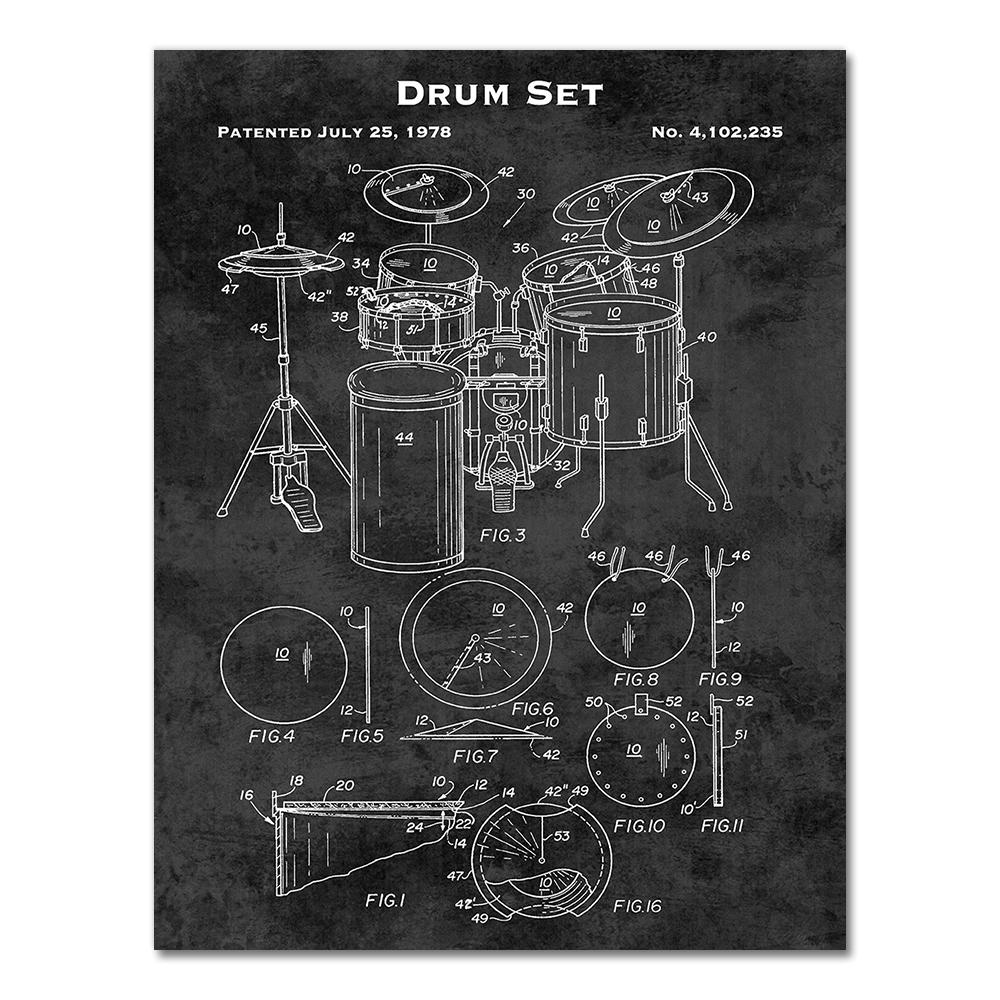 Music Instruments Patent Print Vintage Poster Drum Blueprint Retro Wall Art Canvas Painting Drummer Gift Music Studio Decor