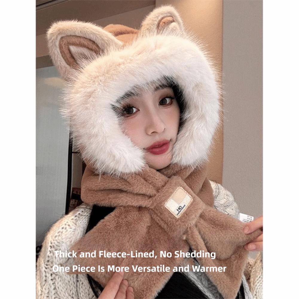 Windproof Hat Scarf Keep Warm Winter Plush Scarf Fox Ears Hooded Scarf for Women Autumn Winter