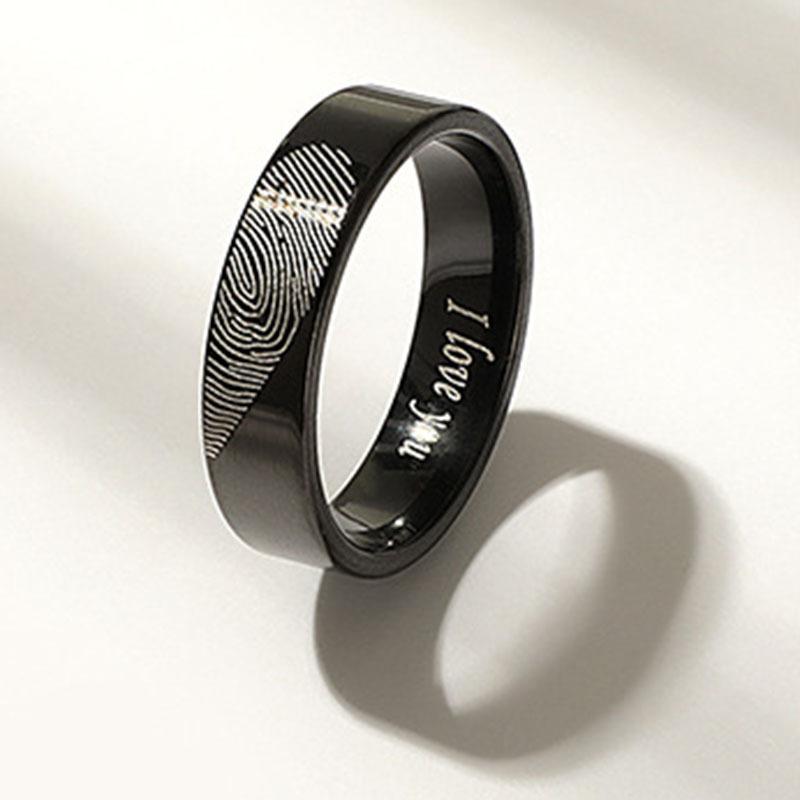 Original Design Black Silver Color Stainless Steel Heart Fingerprint Couple Rings for Women Men Personality Jewelry Friend Gift