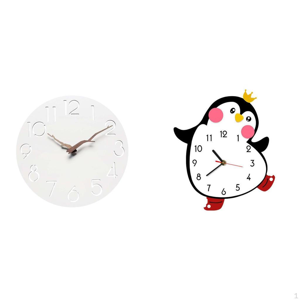 Penguin Art Silent Wooden Wall Clock Easy Read Decorative Lovely Battery Powered Home Kitchen Office