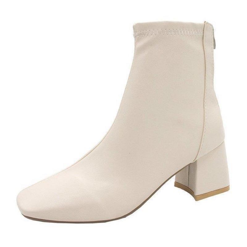Women's Boots, Winter Square Head Back Zip Short Boots, Women's Chunky Heel Middle Heel Boots Women