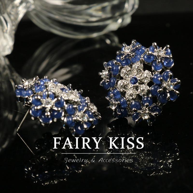 Snowflake Flower Diamond Blue Bead Atmosphere Heavy Industry Hollow Alloy Versatile Light Luxury Earclip Earrings