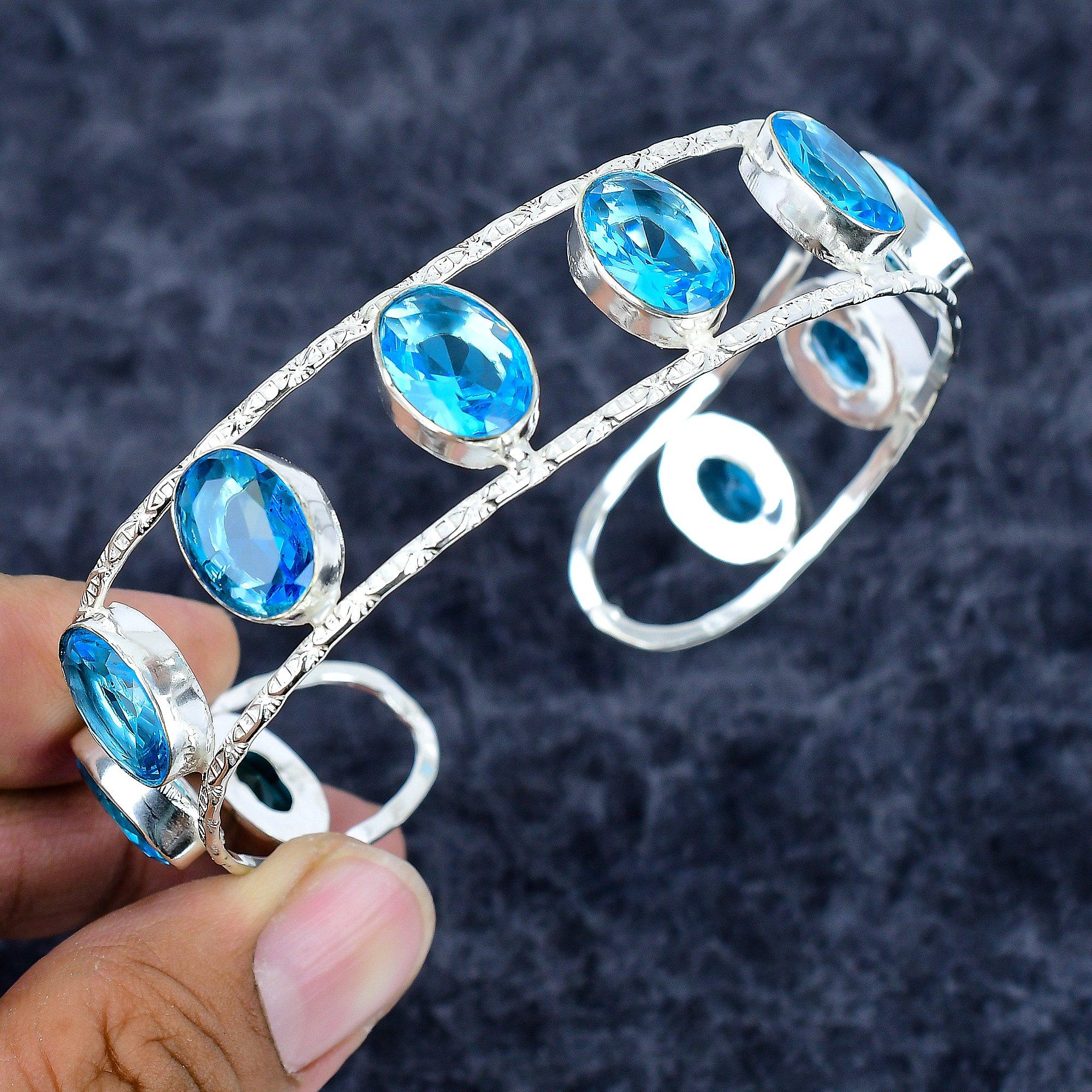 

Blue Topaz Gemstone Handmade 925 Sterling Silver Cuff Bangle Adjustable M-3323