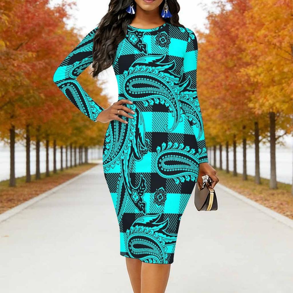 Women Plus Size Round Neck Long Sleeve Midi Bodycon Dress Ethnic Geometric Paisley Floral Print Casual Party Dress