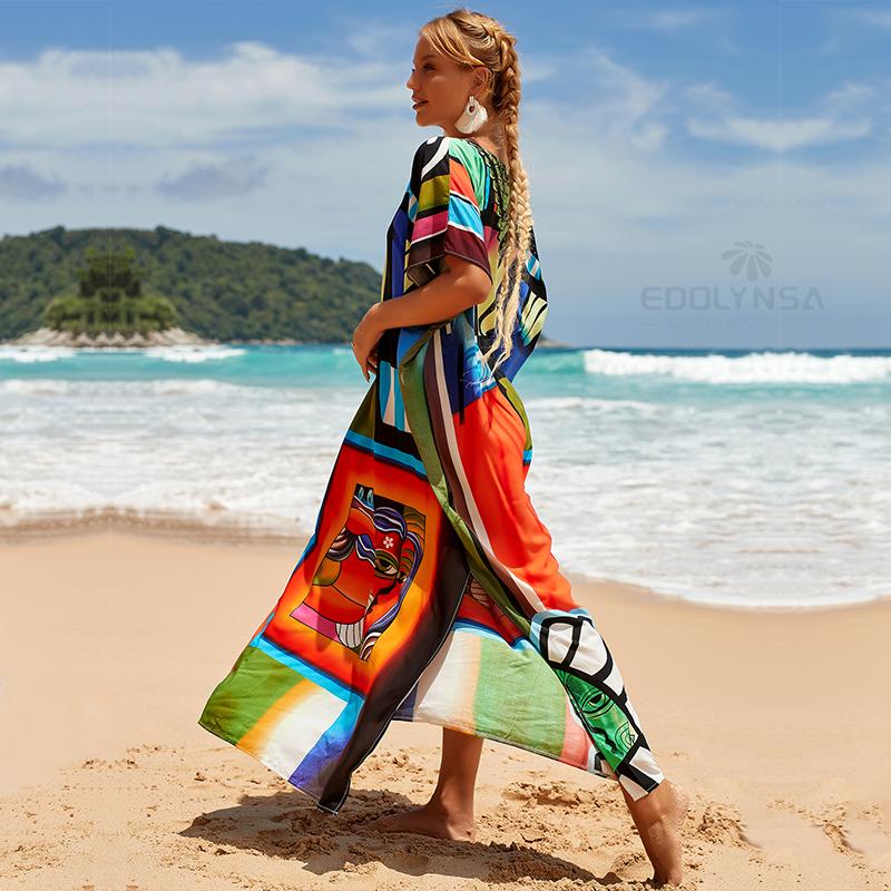 2022 Multicolored Kaftan Bohemian Printed V-neck Batwing Sleeve Street Wear Maxi Dress Women Beach Wear Swim Suit Cover Up Q1342