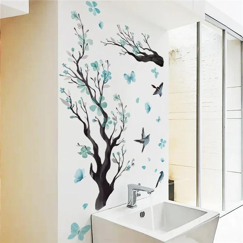 Blue Flower Branches Birds Wall Decals Flowers Wall Stickers Living Room Background Home Decor Wallpaper Bedroom Child Wallpaper