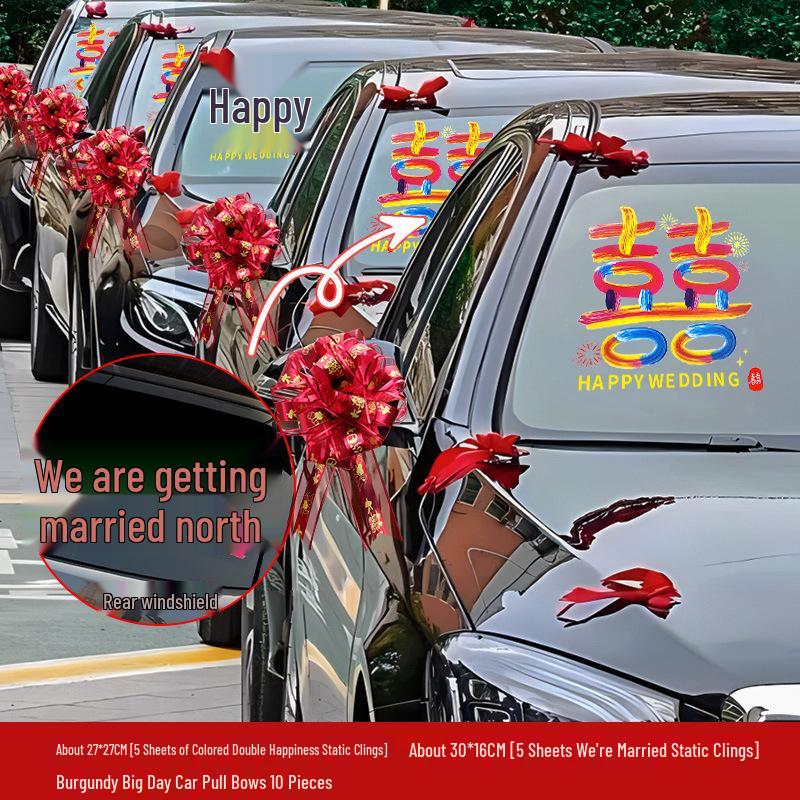 Wedding Car Decoration Set: Ribbons, Flowers, Mirror Arrangements, Double Happiness Stickers