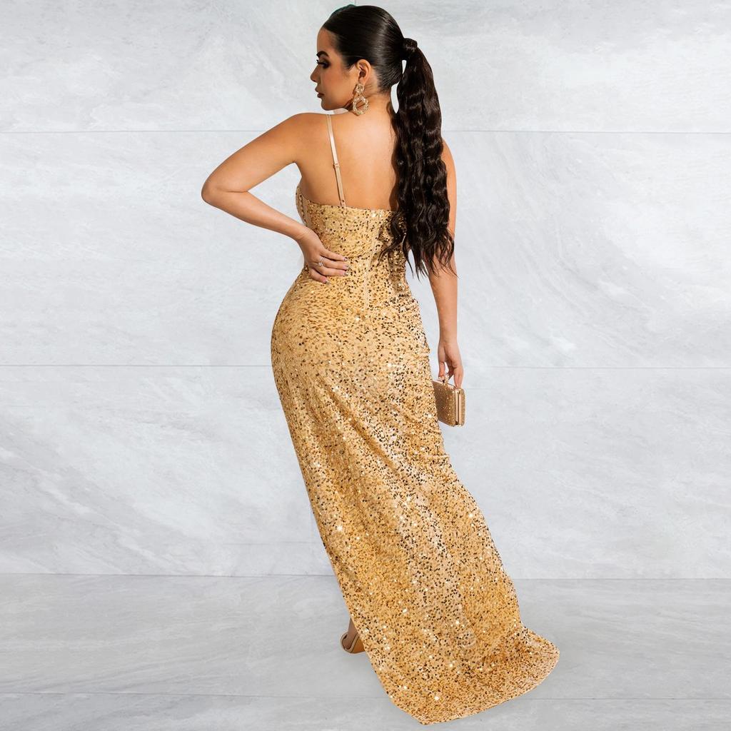 X5843 Europejska i Amerykańska Sukienka z Cekinowej Siateczki na Ramiączkach Spaghetti z Nieregularnym Rozcięciem dla Kobiet