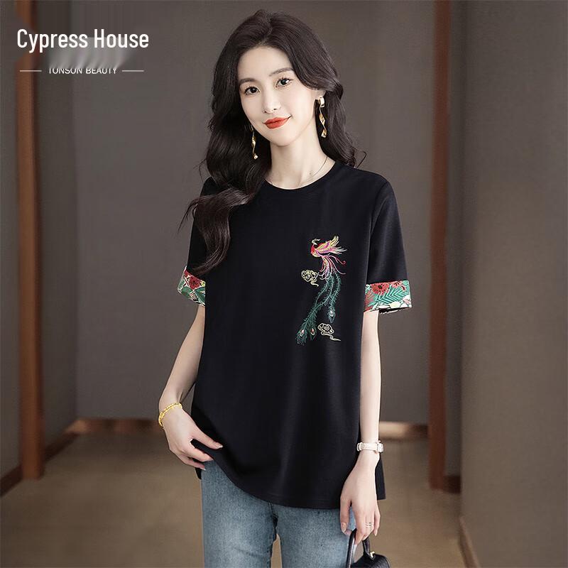Women s Embroidered Round Neck Loose Fit T-Shirt M