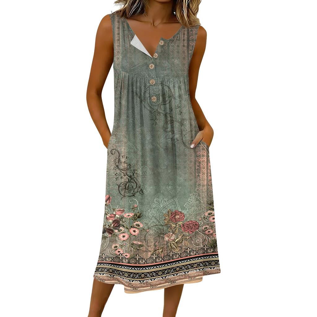 Women's Casual Sleeveless Button-down Mid-length Dress