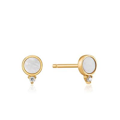 Mother-of-pearl Round-shaped Mini Stone Stud 925 Silver Earrings E022-01G