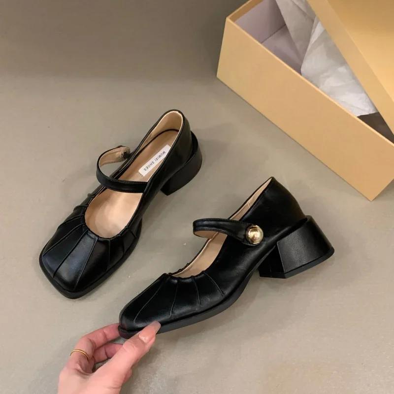 Women Casual Mary Jane Fashion Shallow Design Soft Leather Mary Janes Shoes Autumn Dress Square Head Women Lolita Platform Shoes