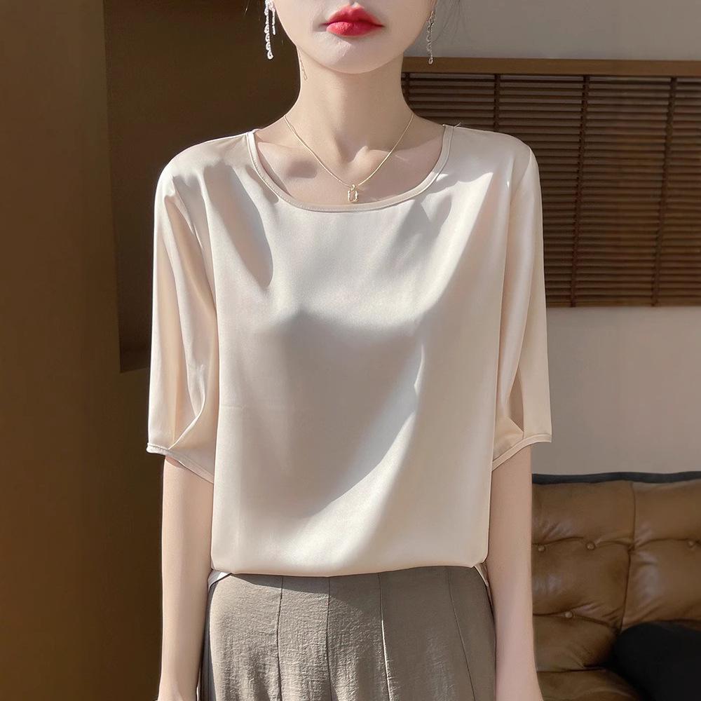 Satin Round Neck Half-Sleeve Loose T-Shirt for Women