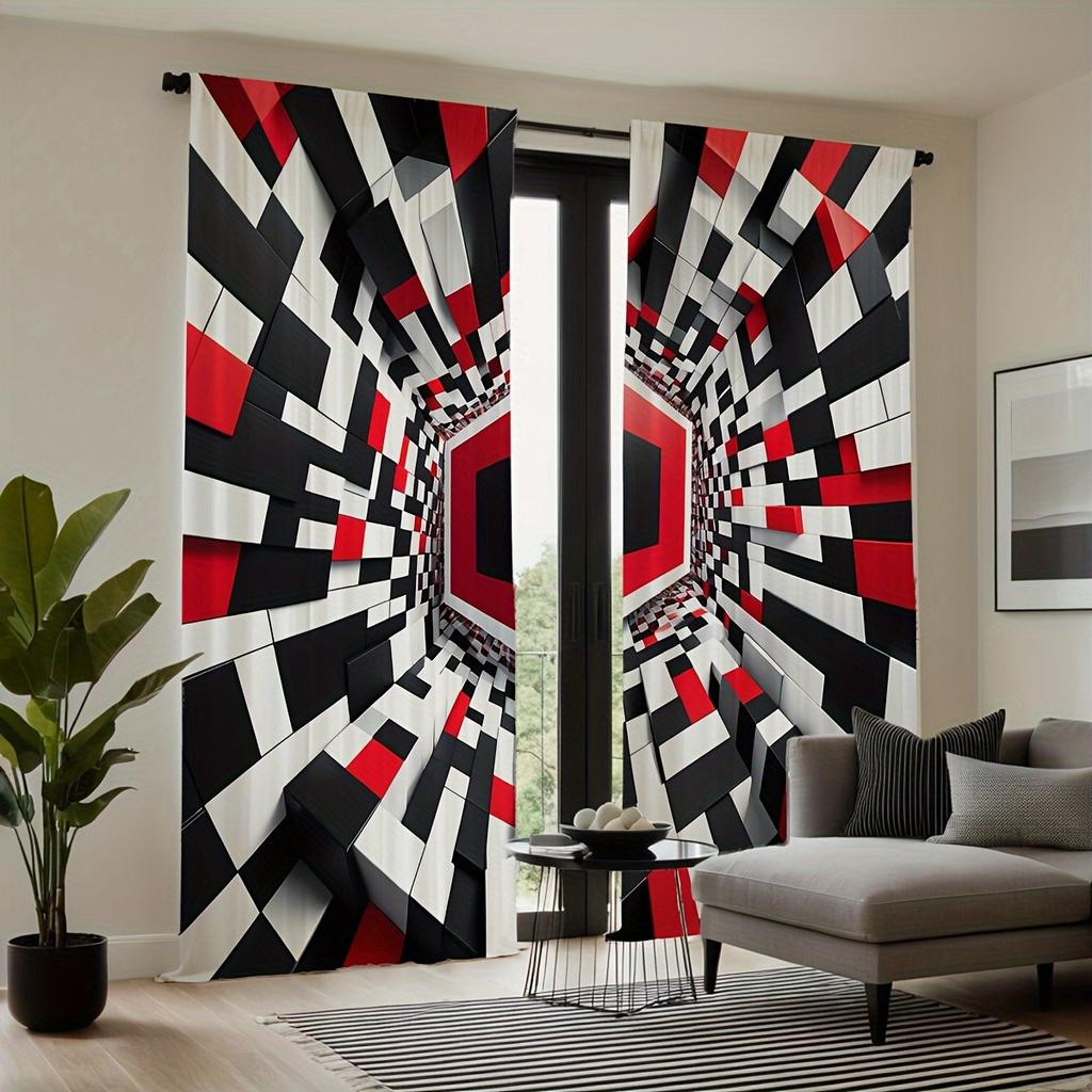 2pcs Set Modern Geometric Curtains Black & White Rod Pocket Design for Easy Hanging for Living Room Bedroom Kitchen Window Drape