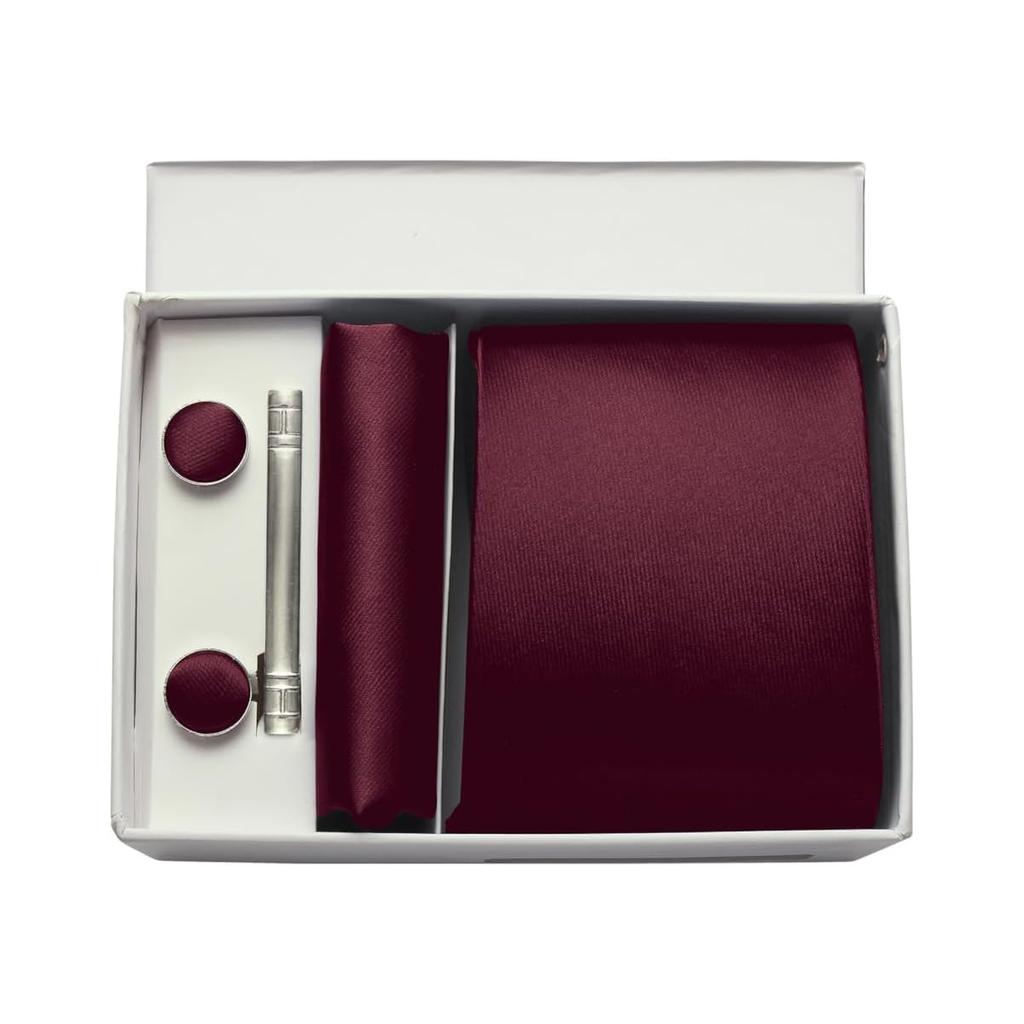 Mens Silk Tie 8Cm Solid Red Blue Necktie Handkerchief Cufflinks Gift Box Set Formal Ties For Man Workplace Business Wedding Gift