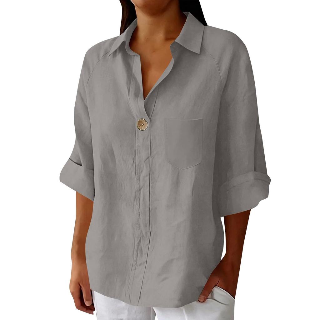 Women's Summer Casual Loose-Fit -Color Top With Collar, V-Neck, And 3/4 Sleeves