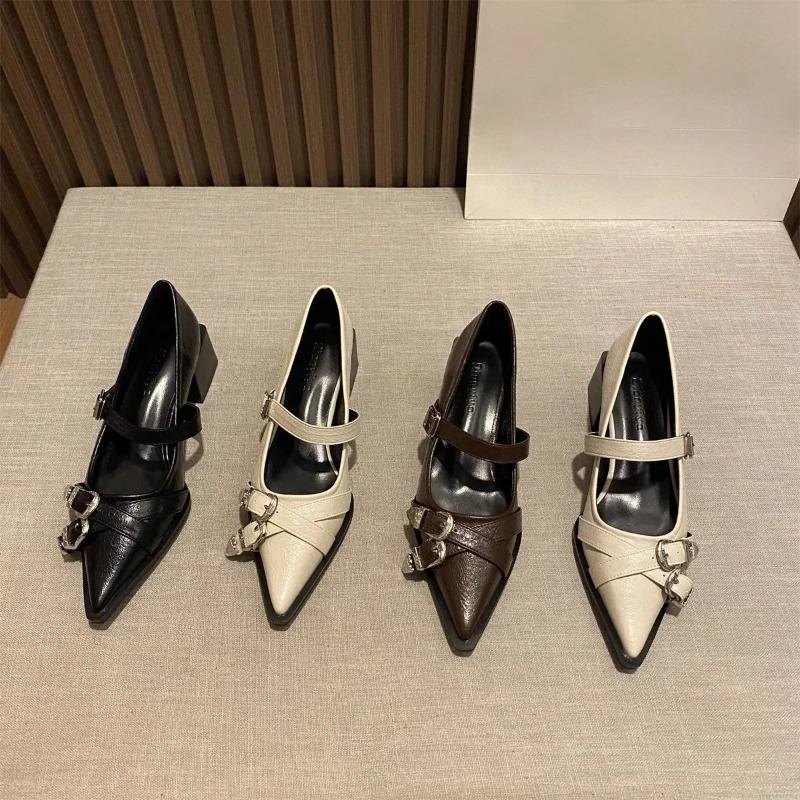Spring Women's High Heels Sexy French Style Pointed Shoes Metal Decoration Paired Skirts Elegant Banquet Fashion Mary Jane