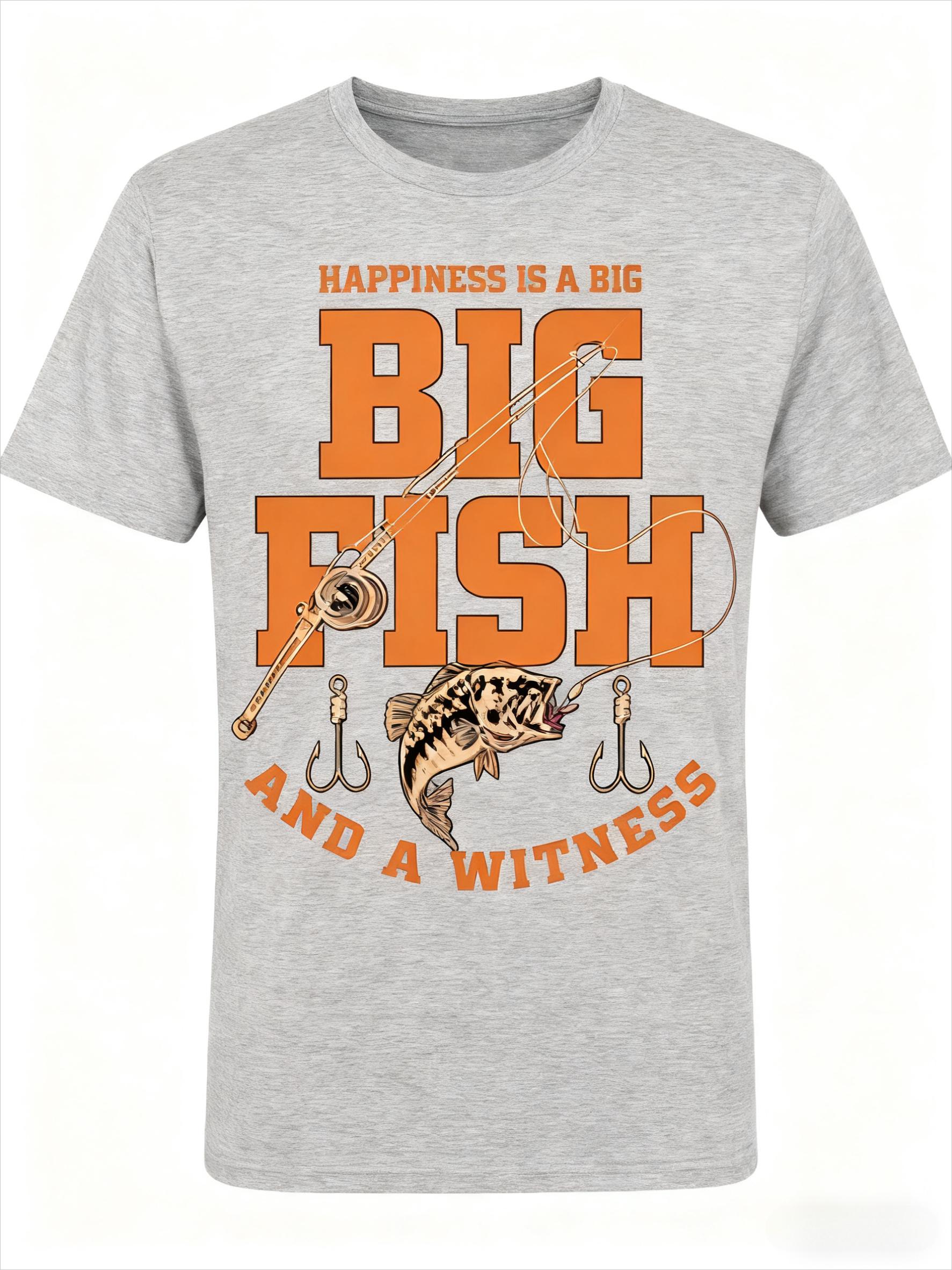 

Happiness is a Big Fish Graphic Tee Vintage Fishing Quote Print Cotton T-Shirt Outdoor Angler Top for Men Women 4XL