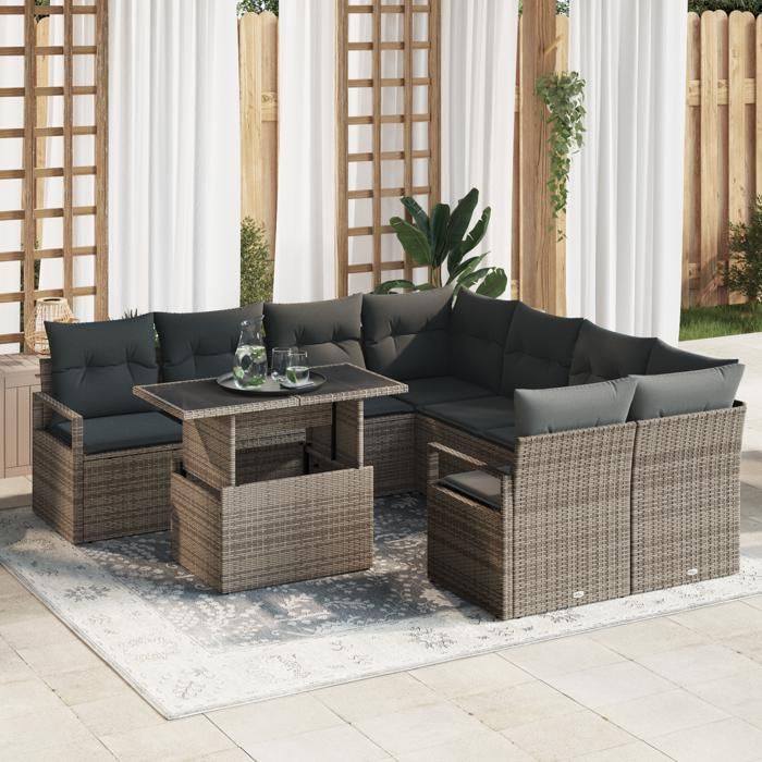 VidaXL Canapé de Jardin de 9 Pièces avec Coussins Gris Poly Rattan 3348795