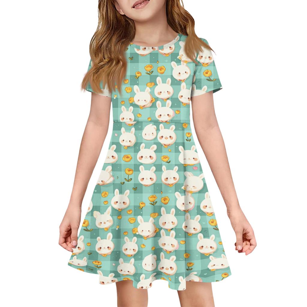 Robe d'été pour fille Couleur & Imprimé Manches Courtes Avec Poche Robe Décontractée Manches Courtes Robe de Soirée Jour de Pâques