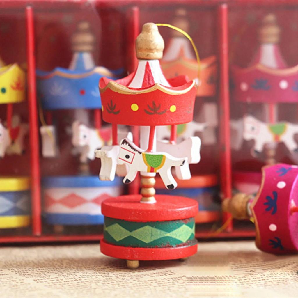 Christmas Wooden Carousel Horse Miniature Ornaments Christmas Tree Hanging Pendants New Year Gift Toy For Kid Home Party Decor