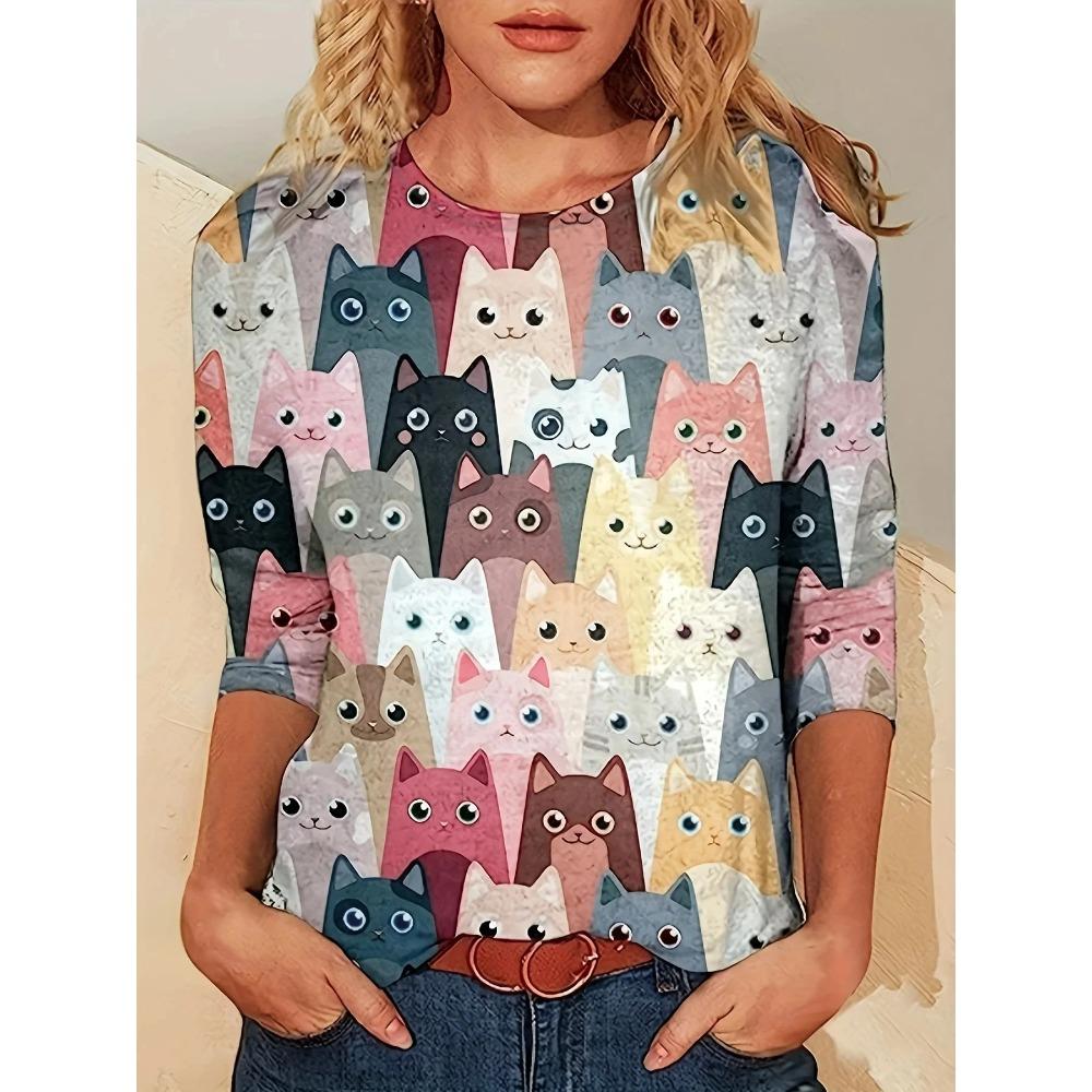 Fashion 3D cat print women's casual round neck long sleeved T-shirt