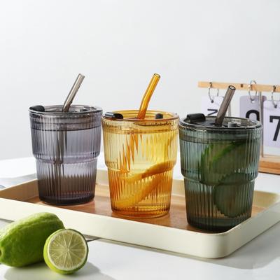 Verre à café rayures verticales vent net couvercle paille tasse à eau beau gobelet à café glacé américain tasse à latte tasse à lait 450ml