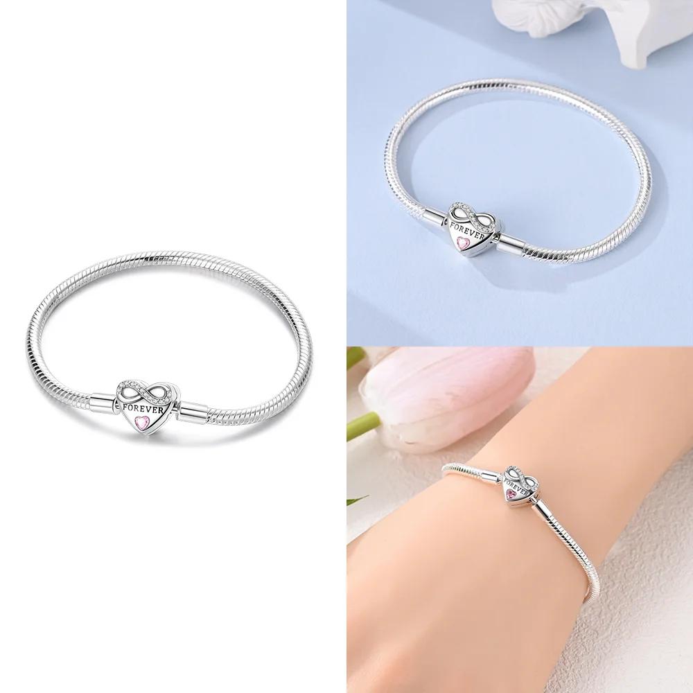Original 925 Silver Love Heart Pink Zircon Bracelet Infinite Forever Beautiful Women Gift Bracelet Accessory Girlfriend Jewelry 17cm