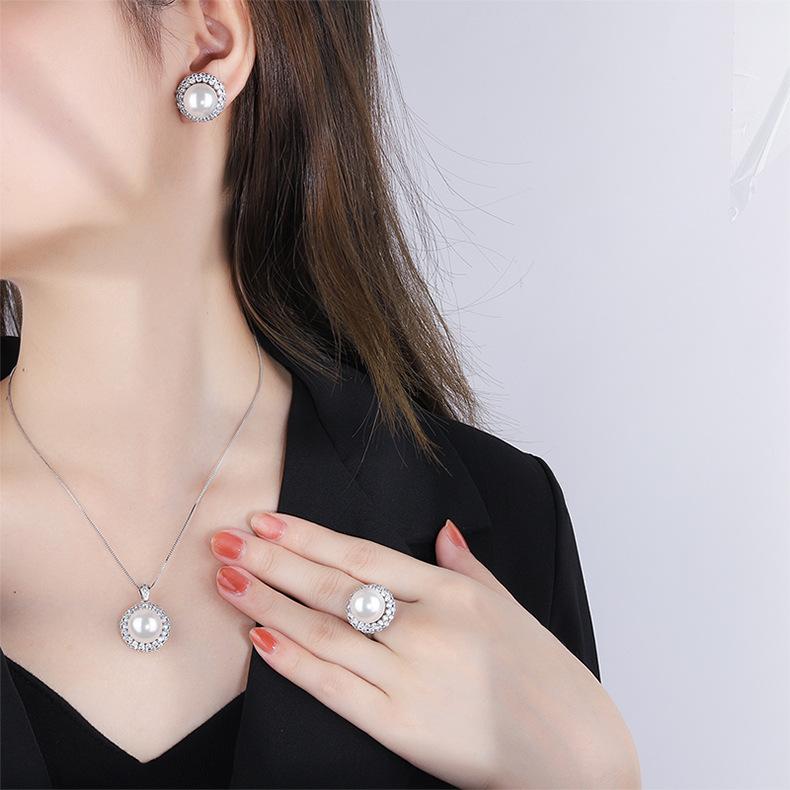 Beimu Pearl Necklace Jewelry Three Piece Set Ring Earnail Pendant Premium Temperament
